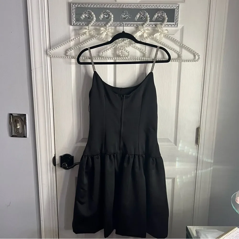 Vintage Leslie Fay Evening Little Black Dress with Diamond Straps